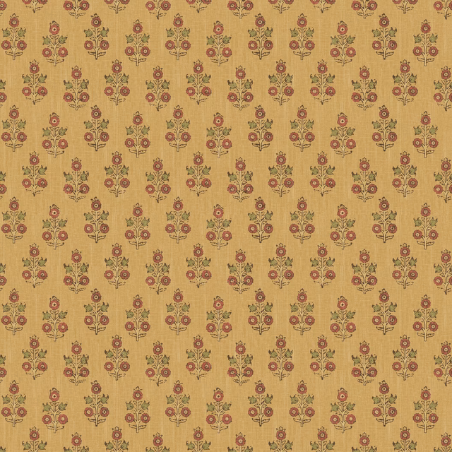 Ochre wallpaper with repeating rust-red poppy sprigs and olive leaves
