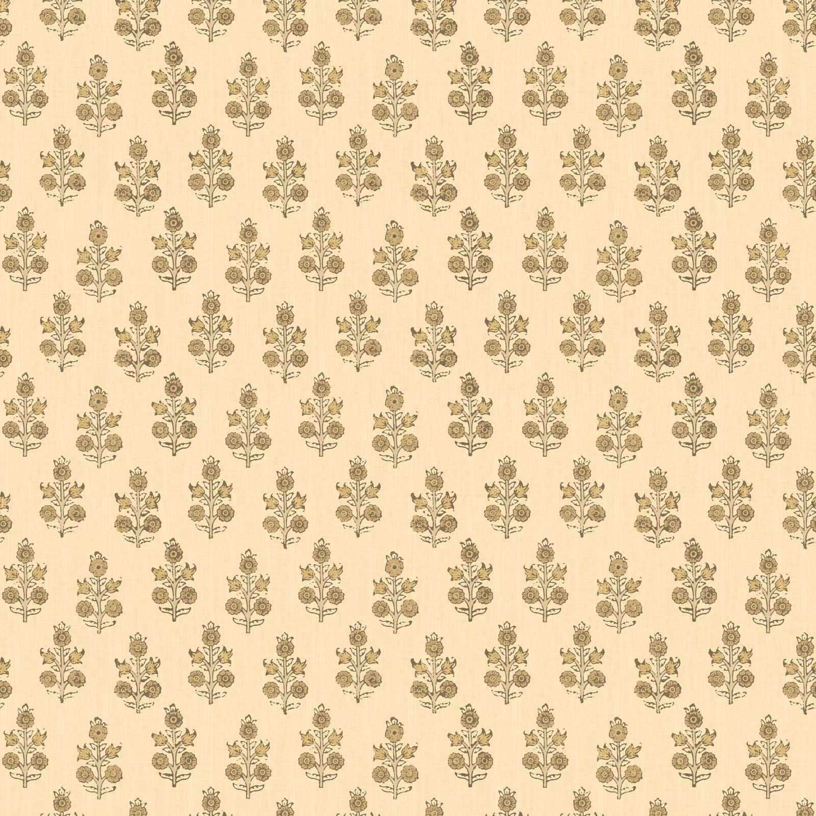 Warm parchment wallpaper with rows of muted taupe and olive floral sprigs