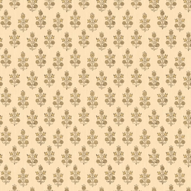 Warm parchment wallpaper with rows of muted taupe and olive floral sprigs