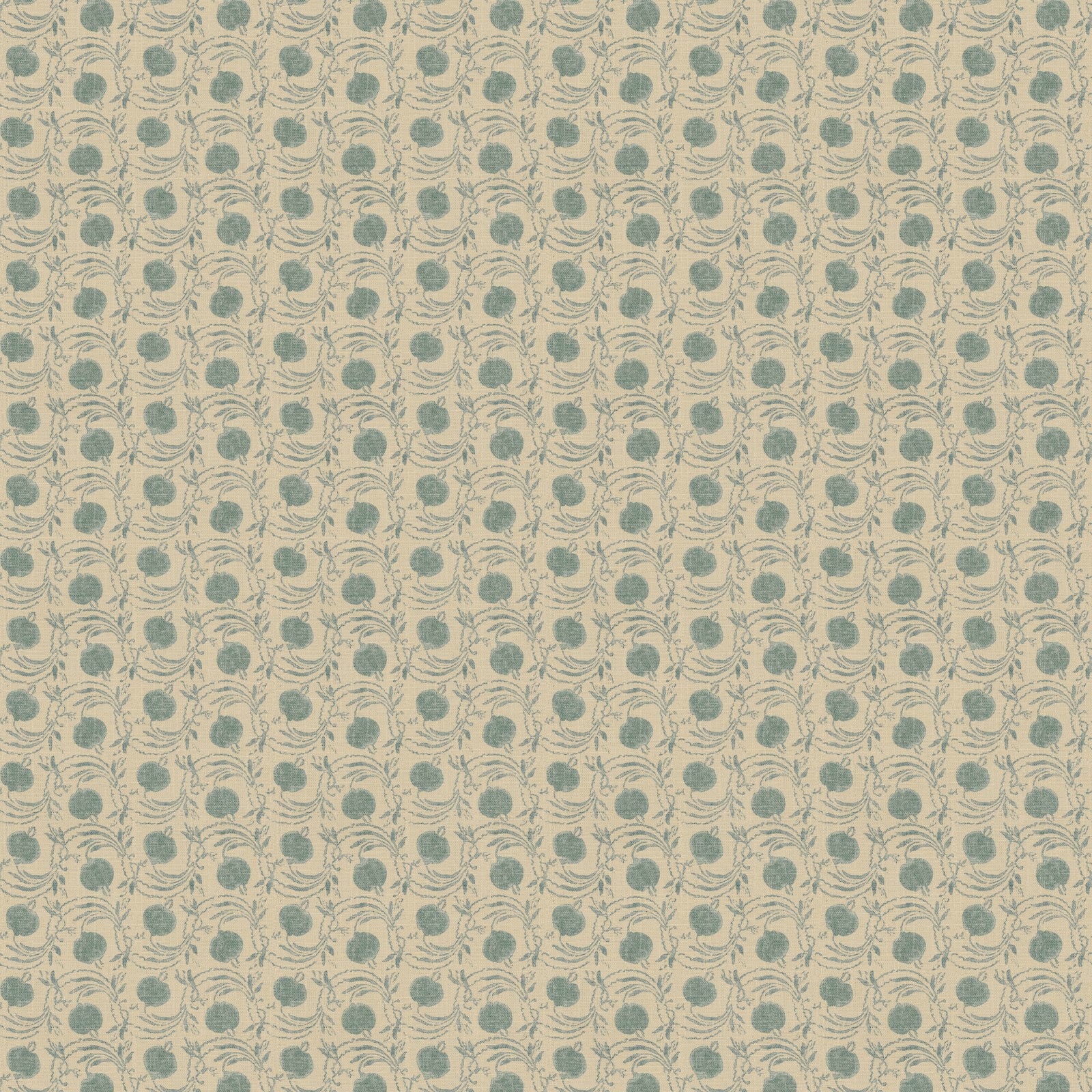 Muted aqua seed pods and curling stems repeat over a creamy wallpaper ground