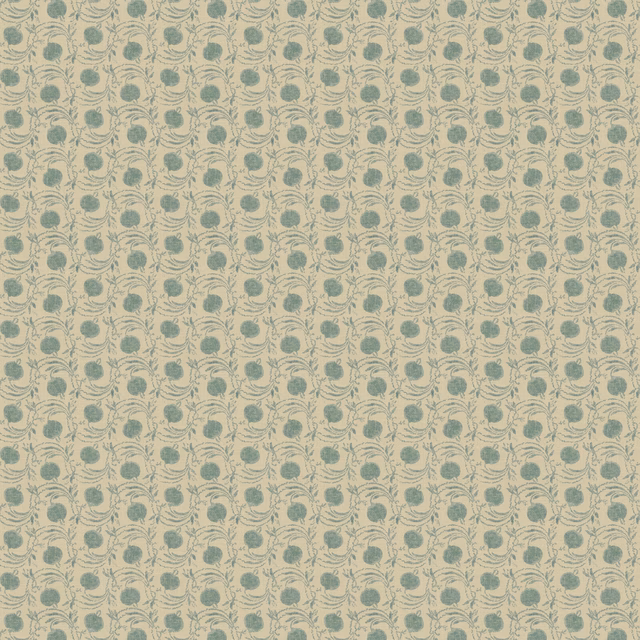 Muted aqua seed pods and curling stems repeat over a creamy wallpaper ground