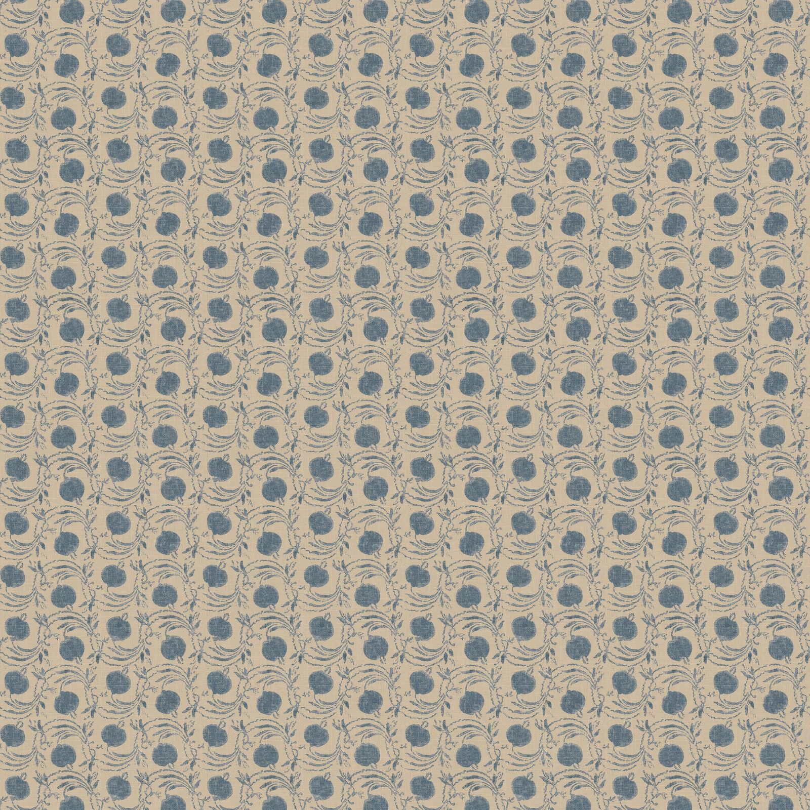 Muted blue-grey seed pods and curling stems repeat across a warm beige ground
