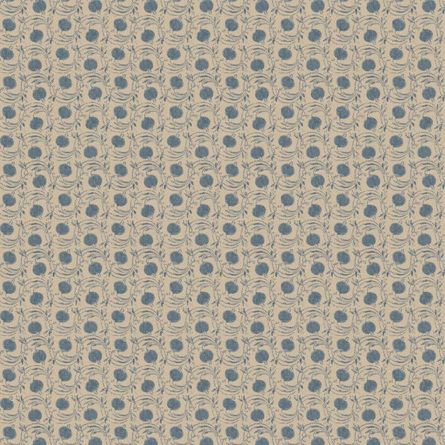 Muted blue-grey seed pods and curling stems repeat across a warm beige ground