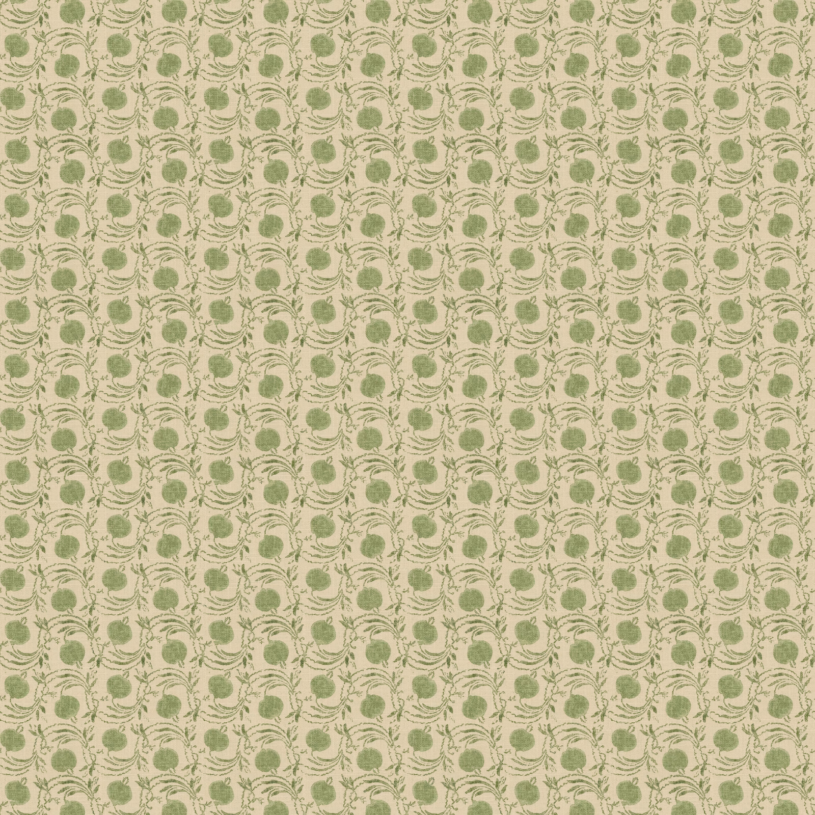 Muted sage-green seed pods and curling stems on a pale cream wallpaper ground