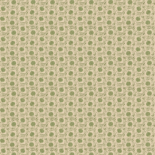 Muted sage-green seed pods and curling stems on a pale cream wallpaper ground