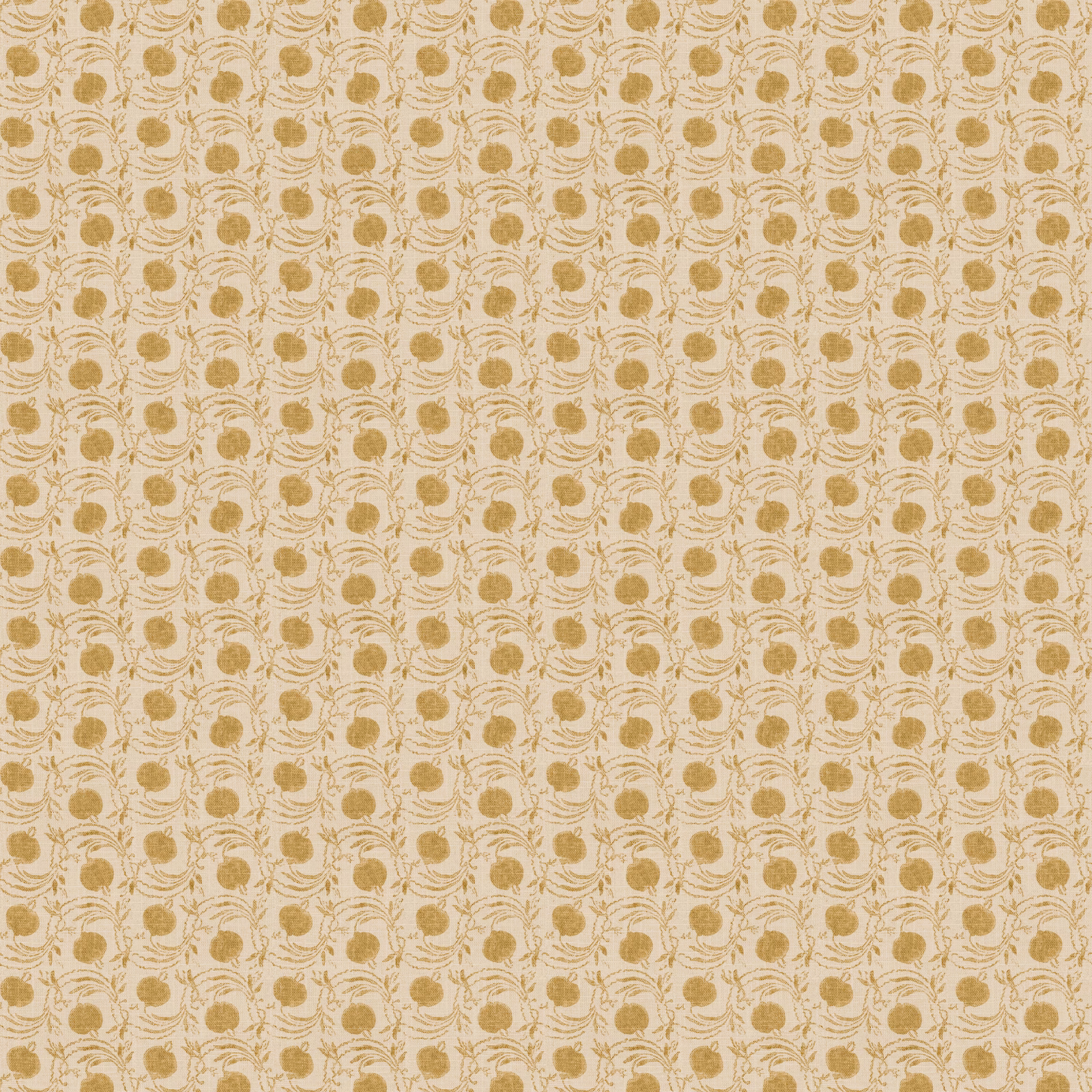 Warm cream wallpaper with small ochre seed pods and curling botanical stems