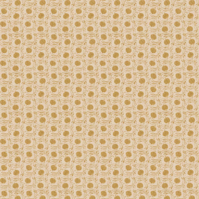 Warm cream wallpaper with small ochre seed pods and curling botanical stems