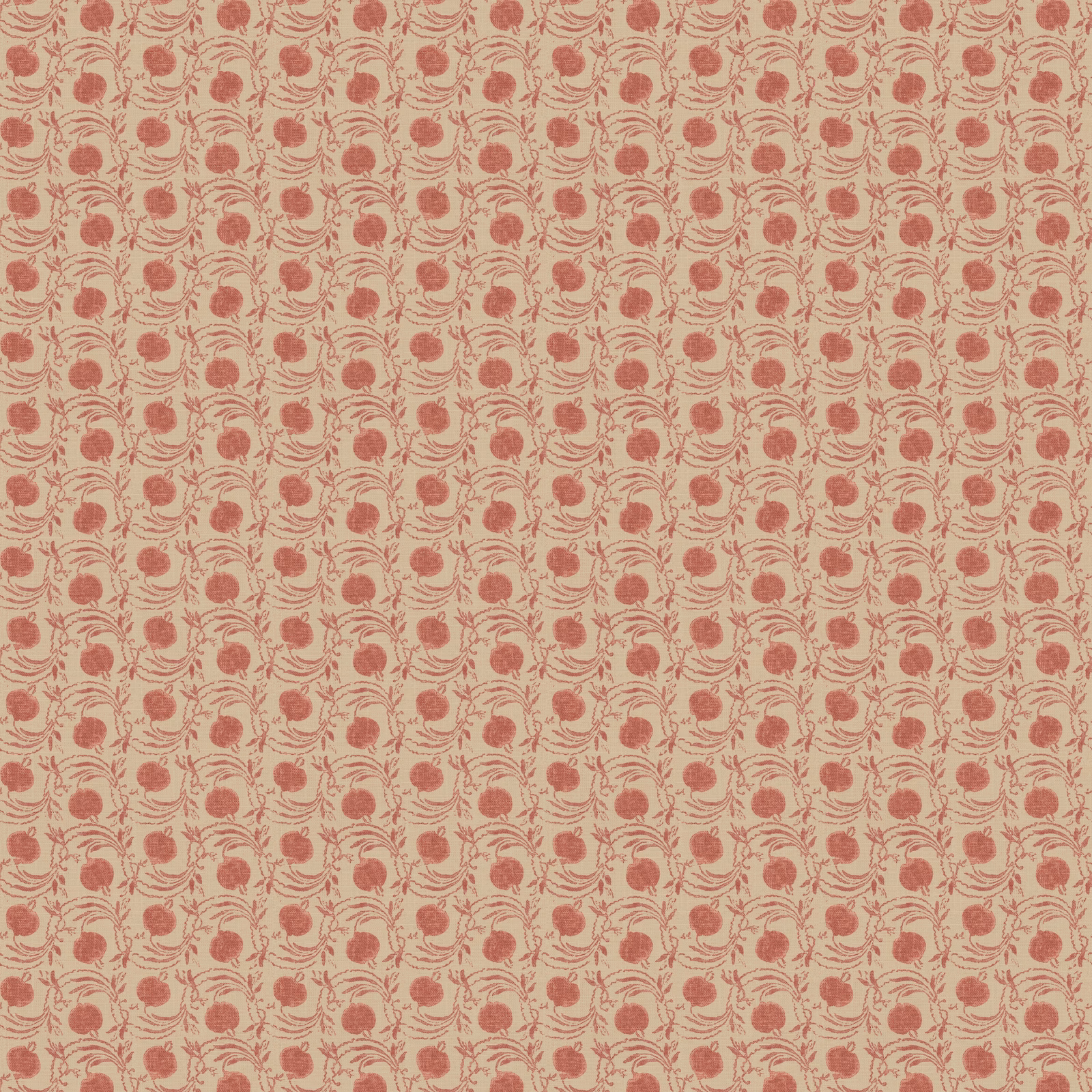 Oatmeal wallpaper with repeating soft red seed pods and curling stems