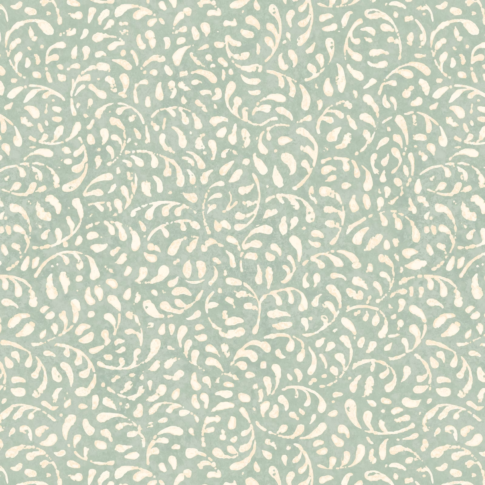 Pale aqua wallpaper with cream scrolling organic marks in a dense small-scale repeat