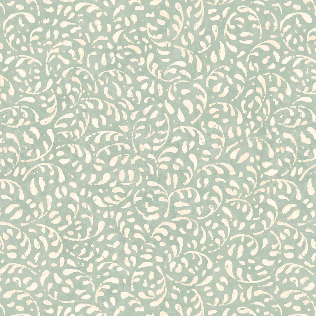 Pale aqua wallpaper with cream scrolling organic marks in a dense small-scale repeat