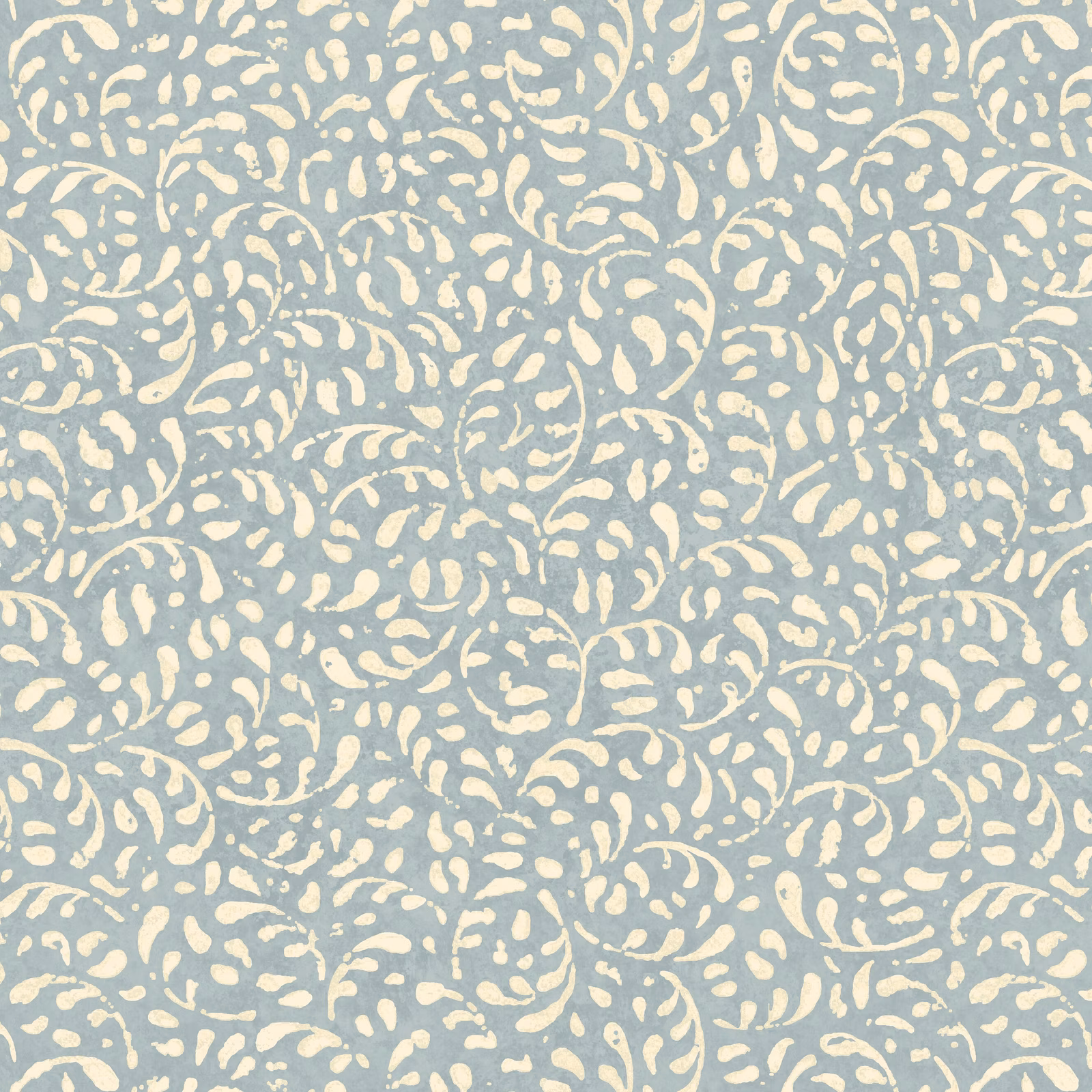 Muted powder-blue wallpaper with dense ivory curling leaves and small scrolling motifs