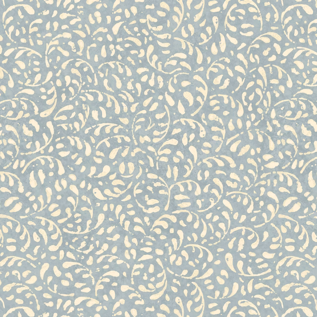 Muted powder-blue wallpaper with dense ivory curling leaves and small scrolling motifs