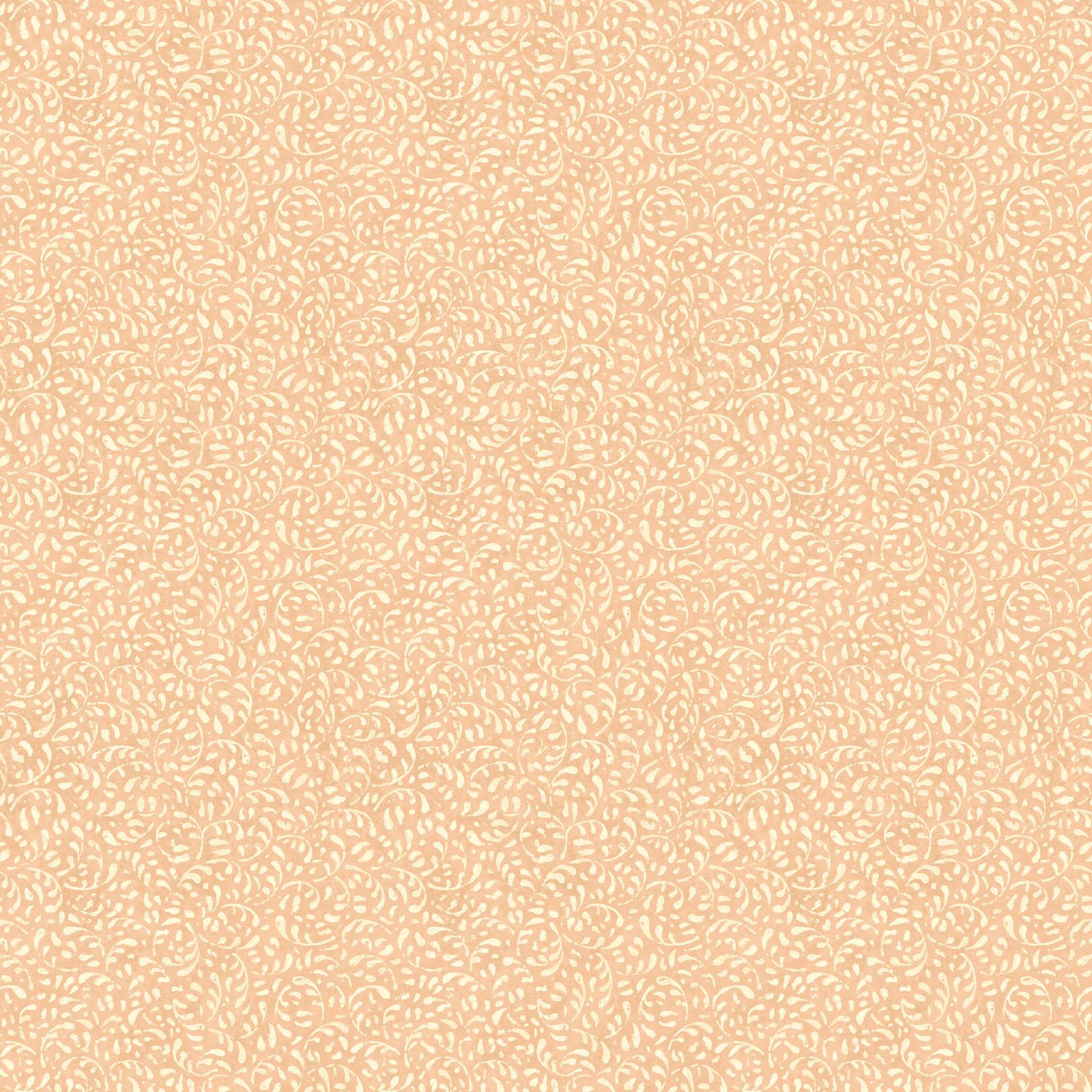 Warm blush pink wallpaper with dense cream curling botanical marks in a small repeat