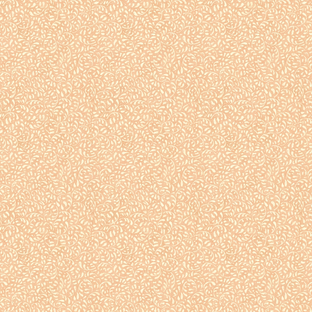 Warm blush pink wallpaper with dense cream curling botanical marks in a small repeat