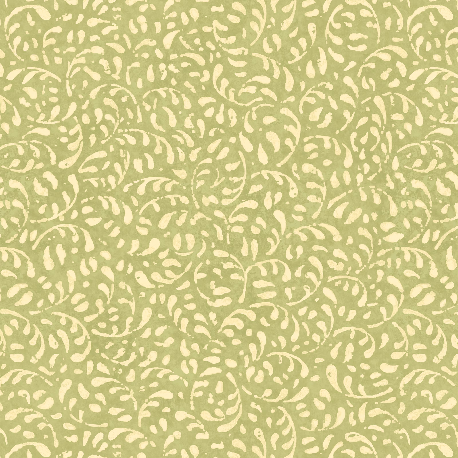 Soft sage wallpaper with dense cream curling leaf and stem motifs