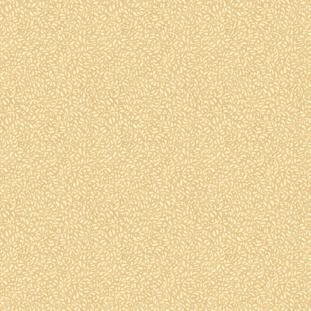 Warm parchment beige wallpaper with dense pale scrolling botanical motifs