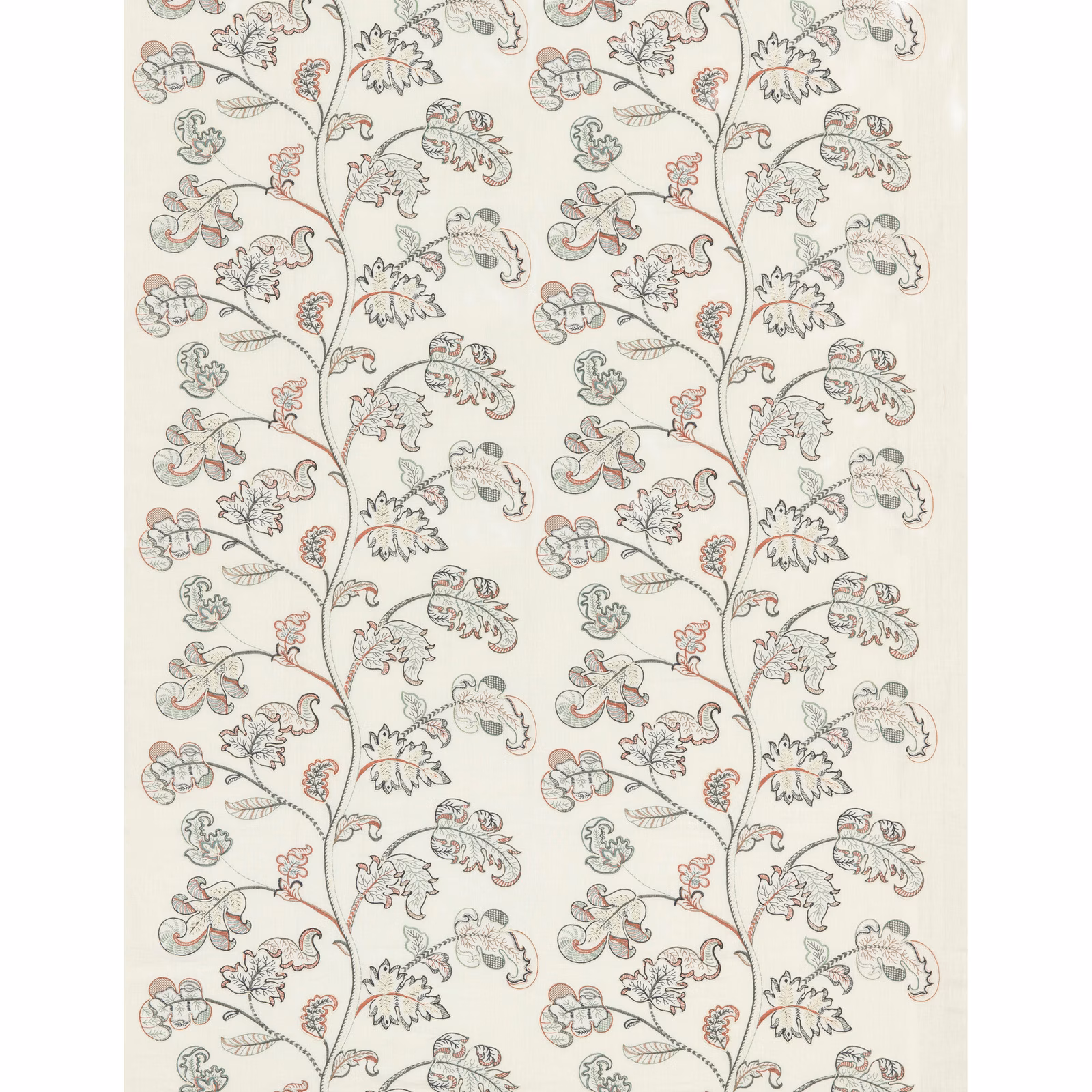 Ivory fabric with muted blush, sage-grey and taupe branching floral motifs