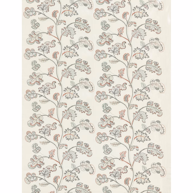 Ivory fabric with muted blush, sage-grey and taupe branching floral motifs