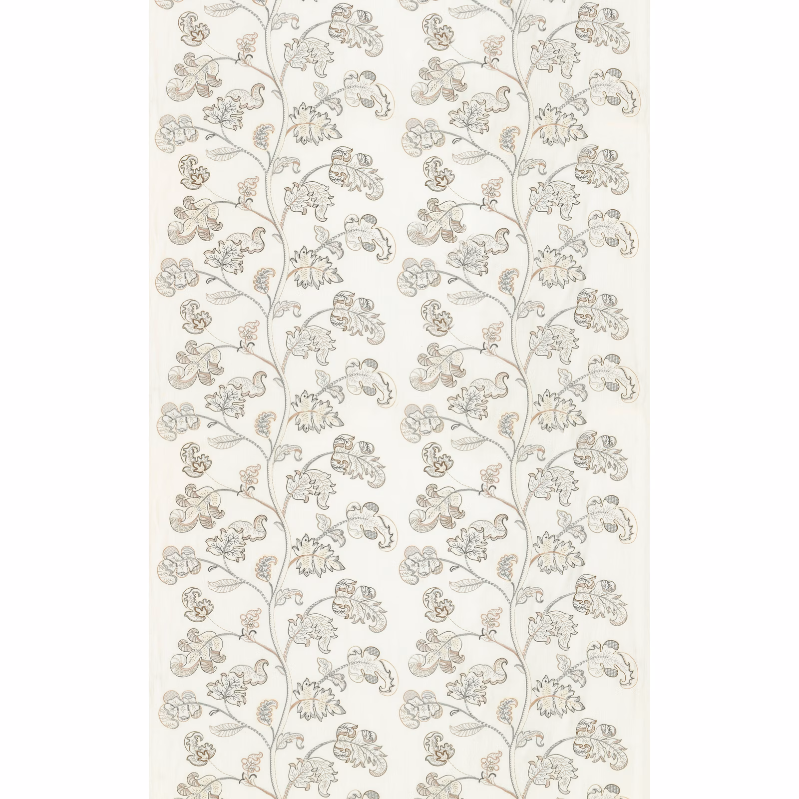 Ivory fabric with repeating stone-grey vines, leaves and delicate floral motifs