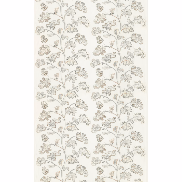 Ivory fabric with repeating stone-grey vines, leaves and delicate floral motifs