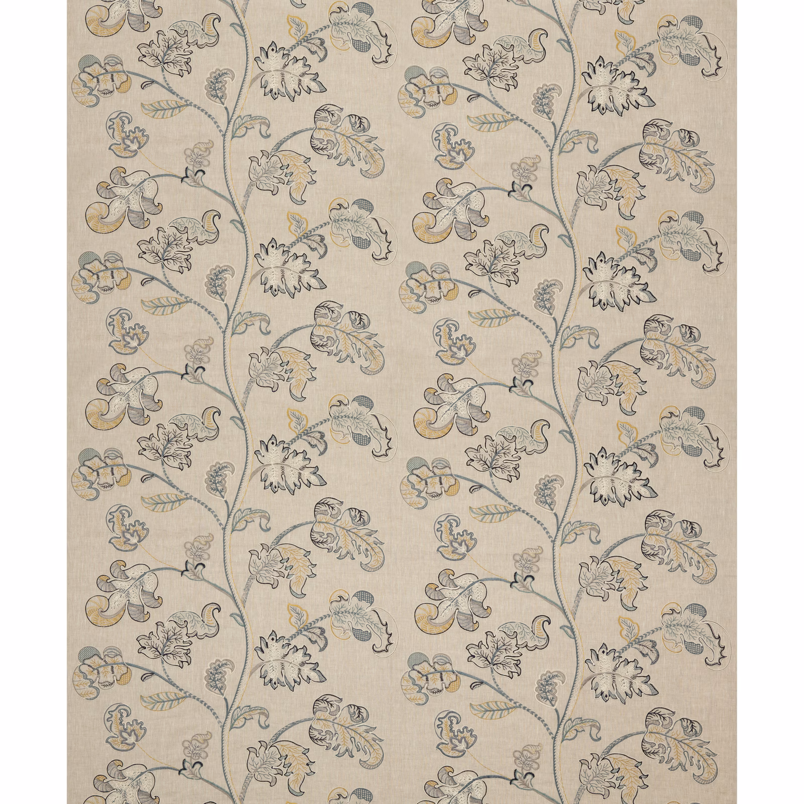 Soft blue-grey floral and bird motifs with ochre accents on a stone-beige ground