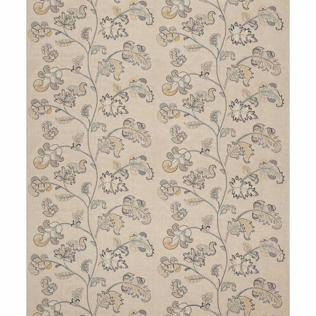 Soft blue-grey floral and bird motifs with ochre accents on a stone-beige ground