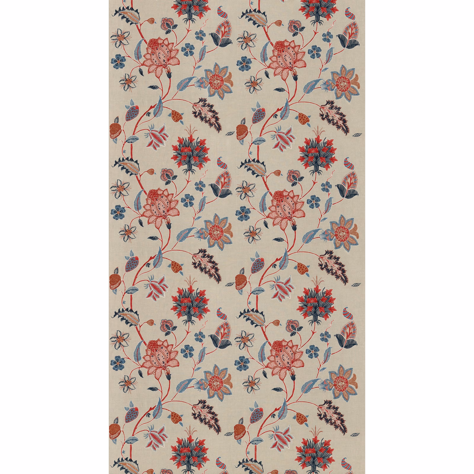 Oat fabric with indigo vines and coral-red embroidered botanical flowers