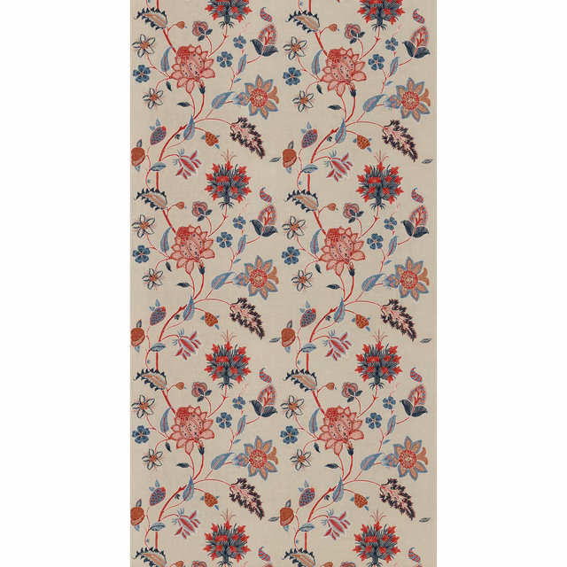 Oat fabric with indigo vines and coral-red embroidered botanical flowers