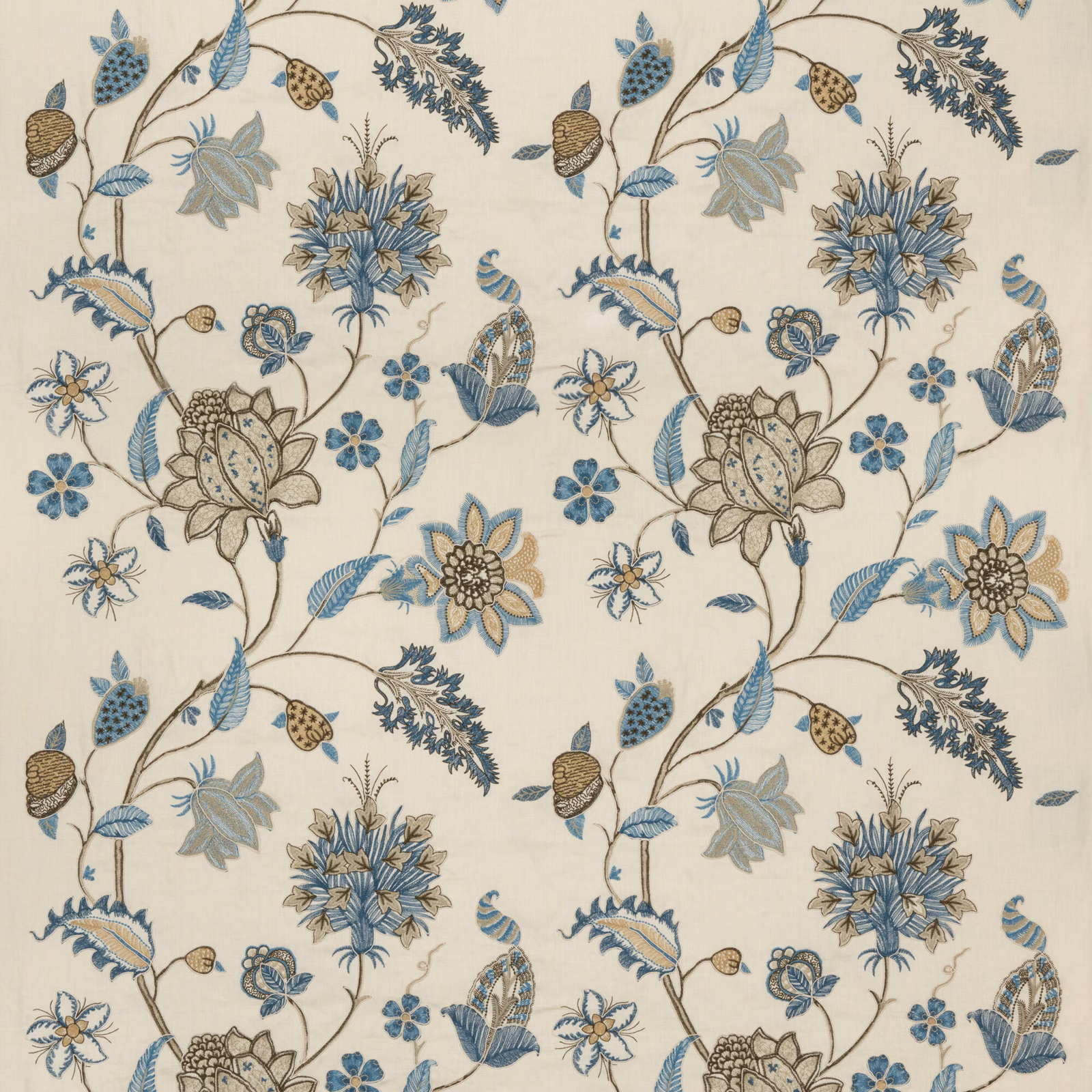 Soft blue botanical embroidery with thistles, leaves and seed pods on a cream ground