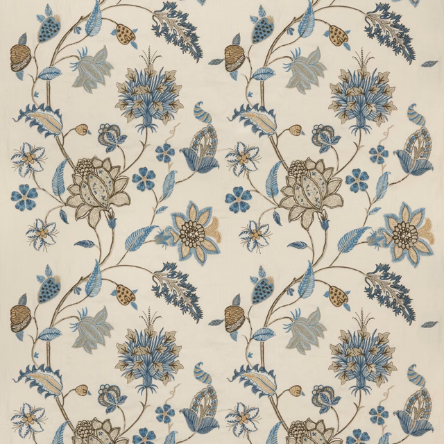 Soft blue botanical embroidery with thistles, leaves and seed pods on a cream ground