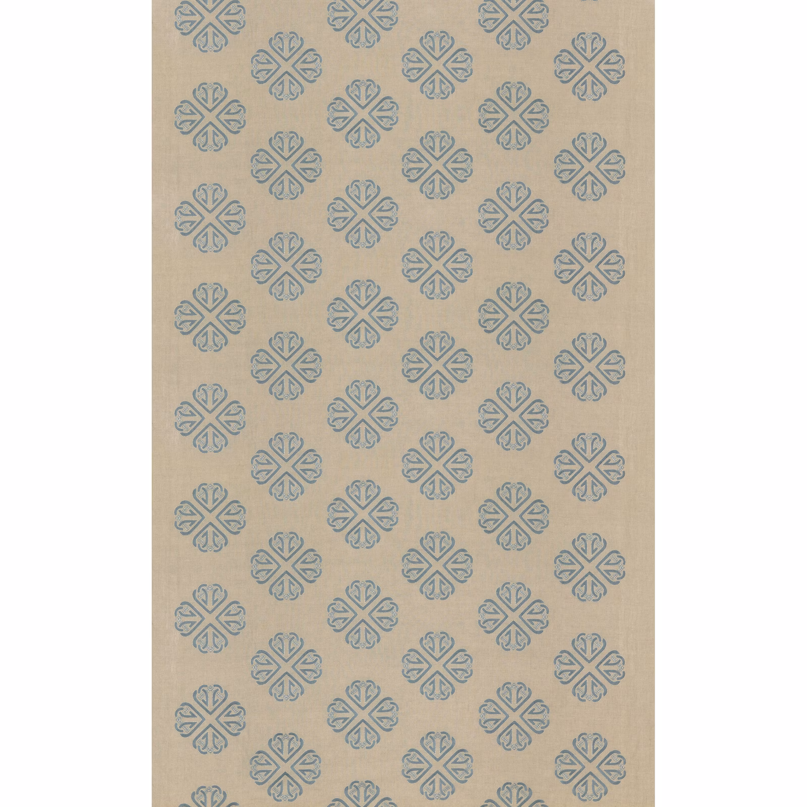 Soft blue-grey quatrefoil motifs on a warm flax-beige linen-look fabric