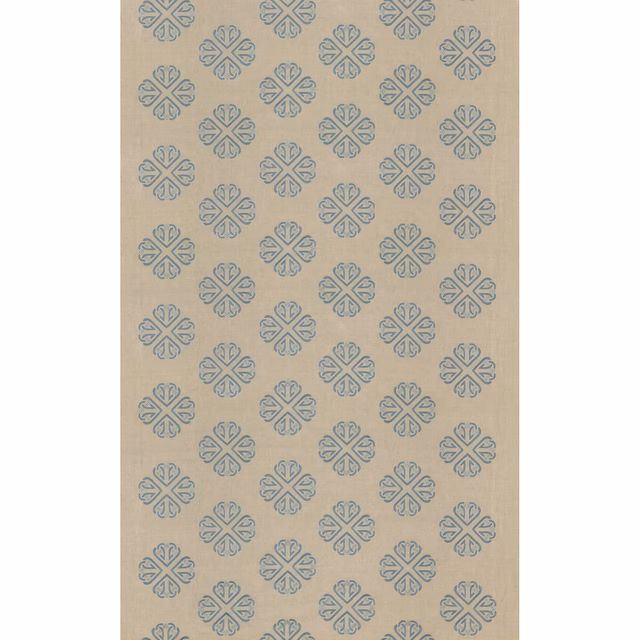 Soft blue-grey quatrefoil motifs on a warm flax-beige linen-look fabric