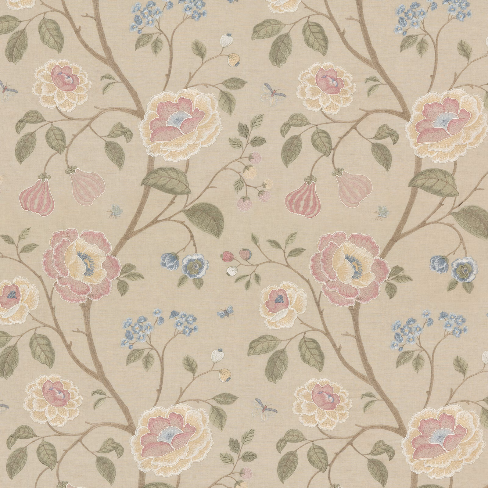 Blush and blue floral branches with sage leaves on a warm beige fabric ground