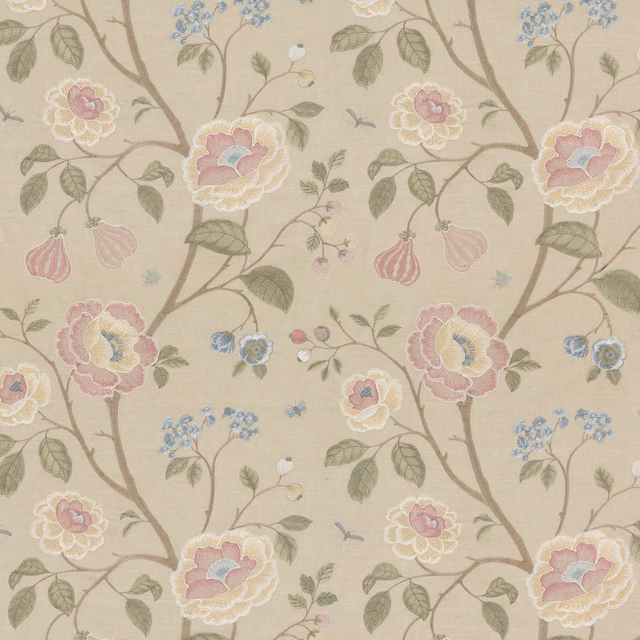 Blush and blue floral branches with sage leaves on a warm beige fabric ground