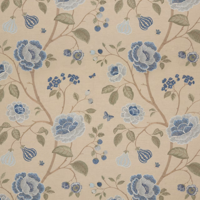 Soft blue floral branches, textured blooms, sage leaves and berries on a warm beige ground