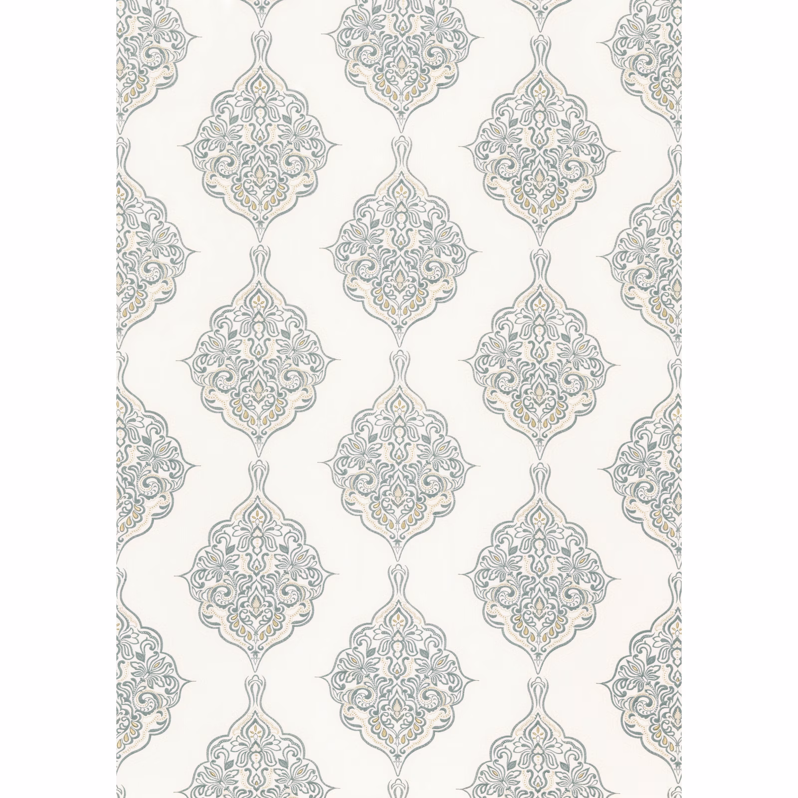 Soft blue-grey damask medallions on an ivory fabric ground