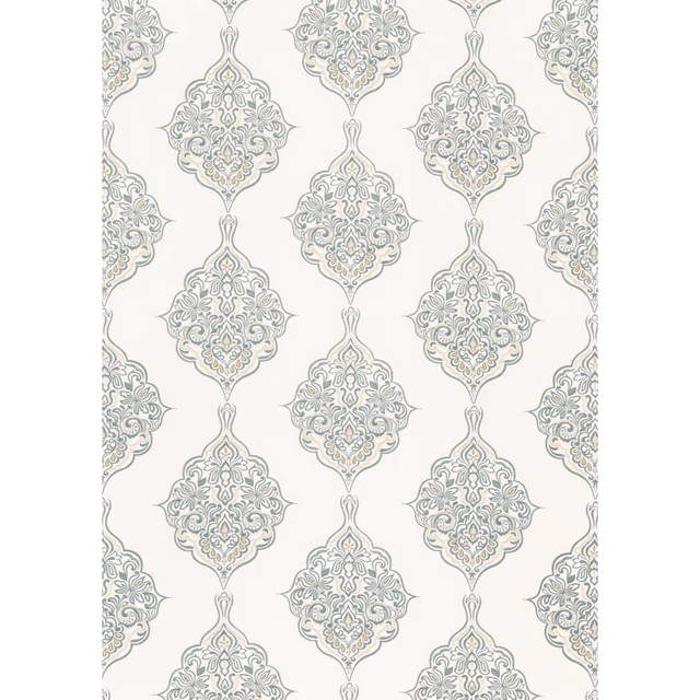 Soft blue-grey damask medallions on an ivory fabric ground