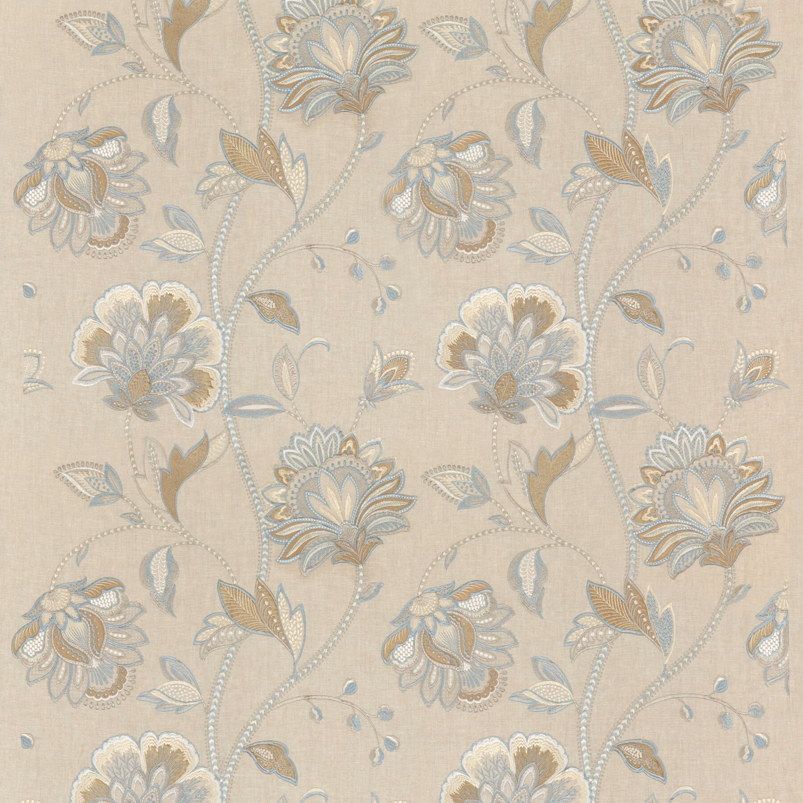 Soft blue and ochre floral embroidery on a warm beige linen ground