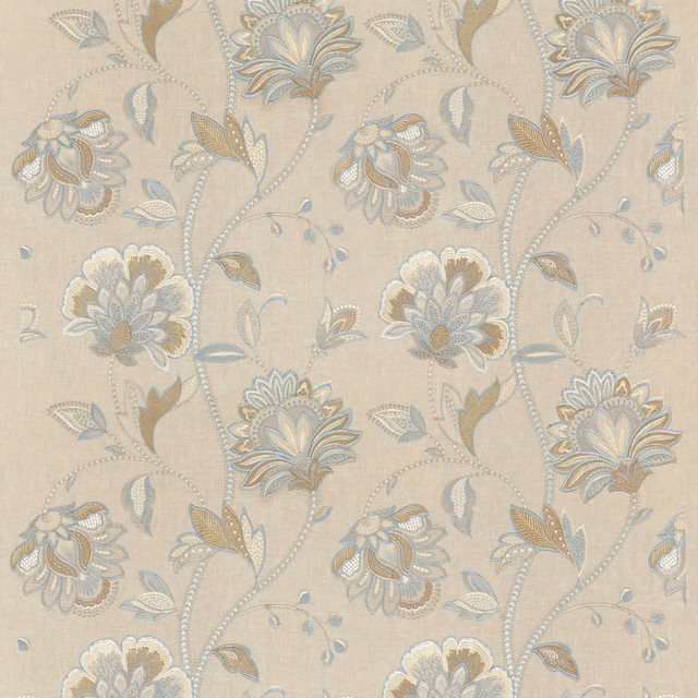 Soft blue and ochre floral embroidery on a warm beige linen ground