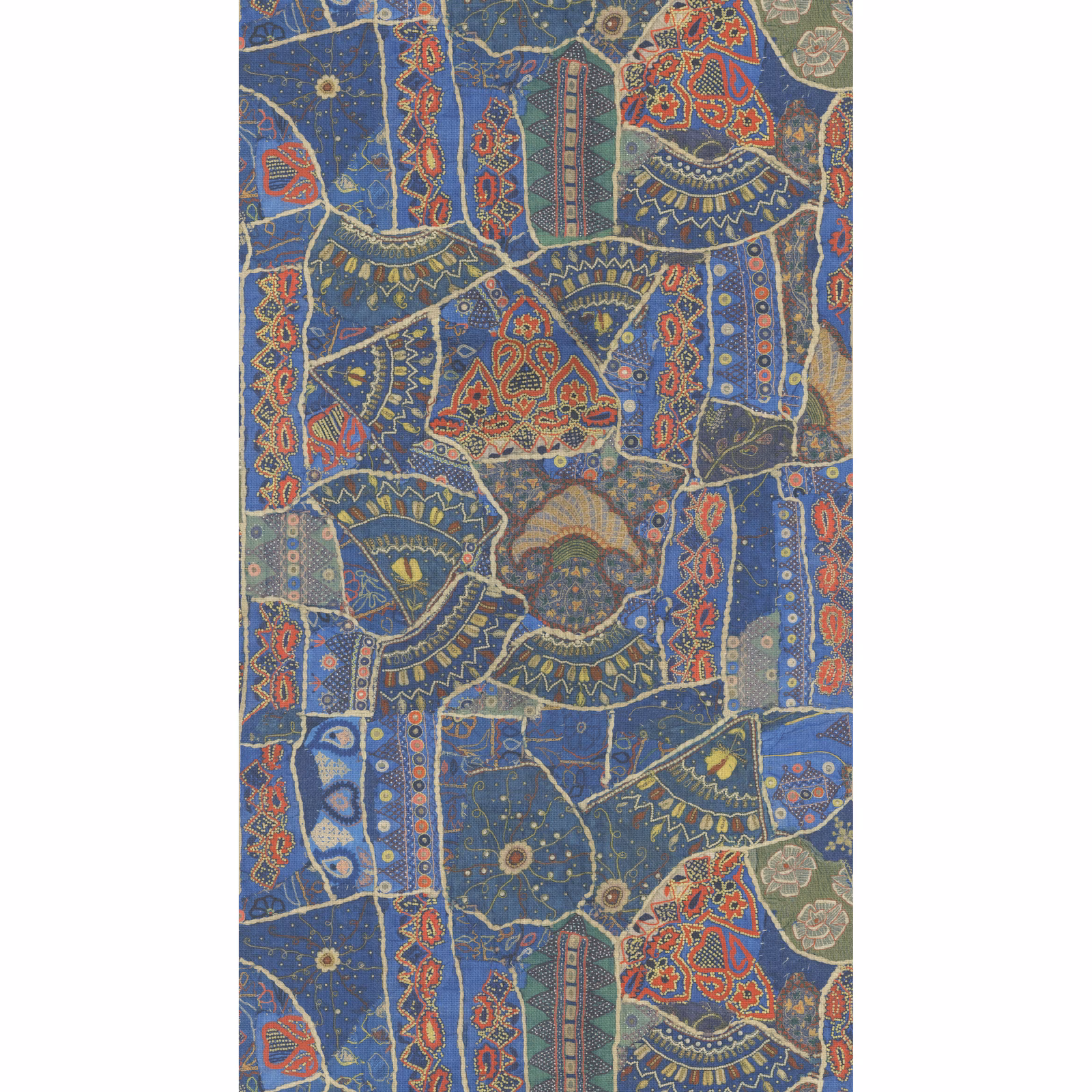 Jewel blue wallpaper with red paisley fans, floral medallions and geometric panels