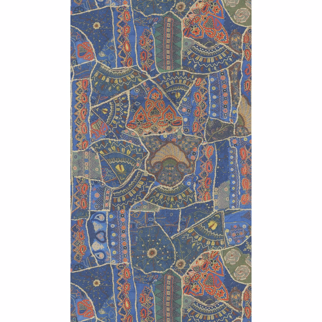 Jewel blue wallpaper with red paisley fans, floral medallions and geometric panels