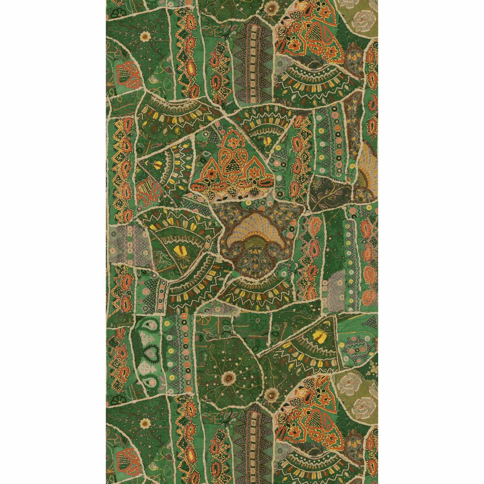 Jewel green wallpaper with coral paisley, medallion and fine geometric motifs