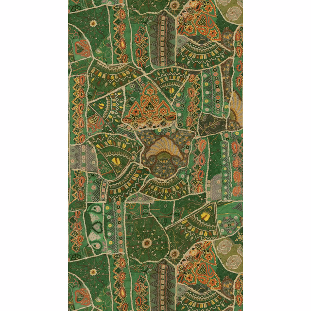 Jewel green wallpaper with coral paisley, medallion and fine geometric motifs