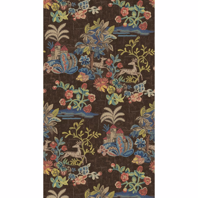 Dark cocoa wallpaper with colourful floral sprays, foliage and storybook architectural vignettes