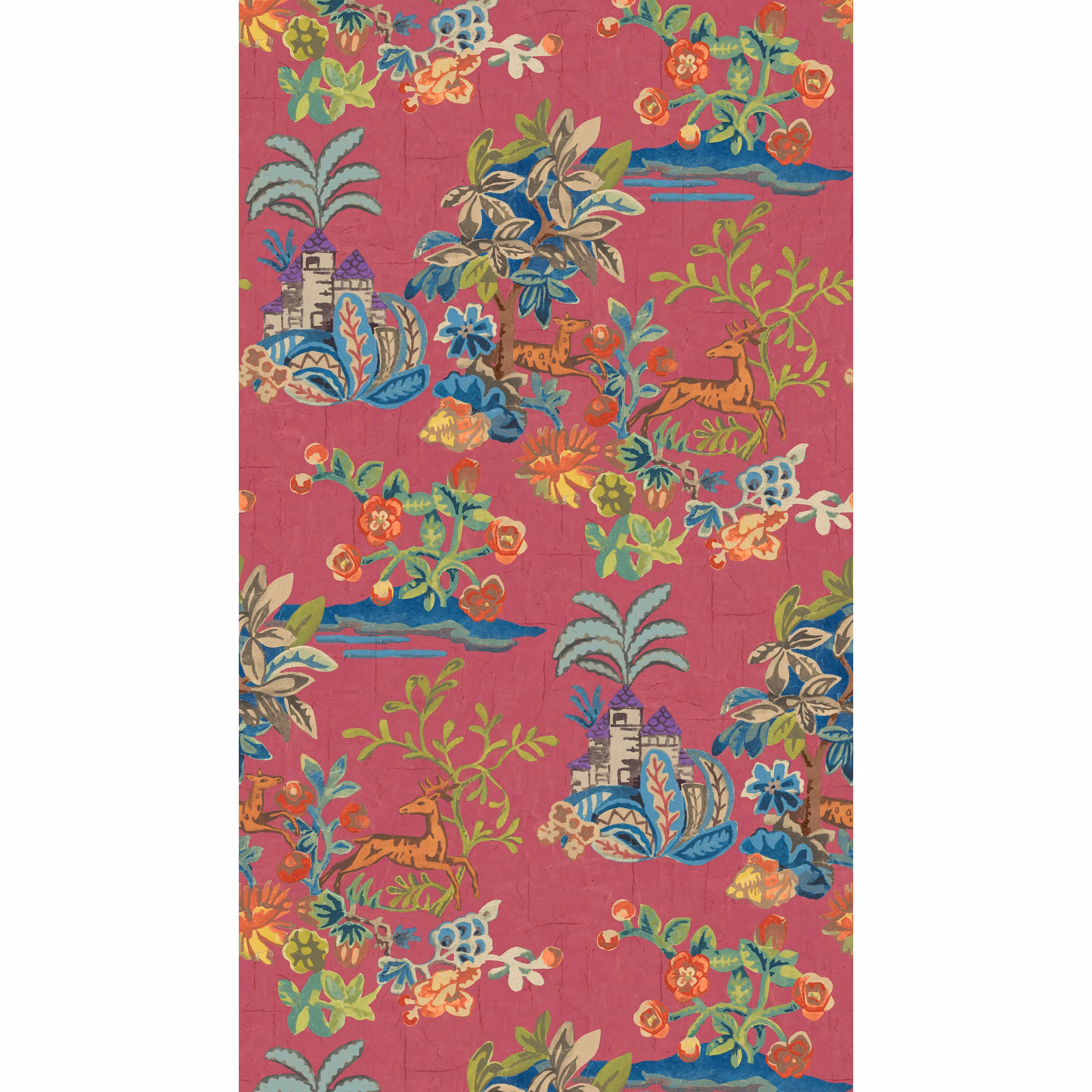 Saturated fuchsia wallpaper with colourful floral sprays, pagodas and scrolling chinoiserie foliage