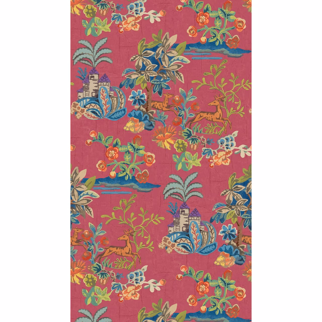 Saturated fuchsia wallpaper with colourful floral sprays, pagodas and scrolling chinoiserie foliage