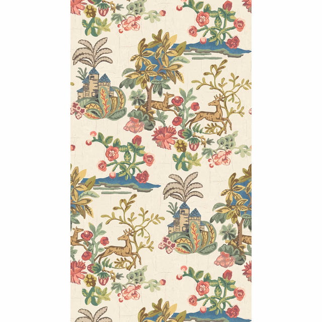 Cream wallpaper with coral flowers, teal water, green foliage and woodland deer