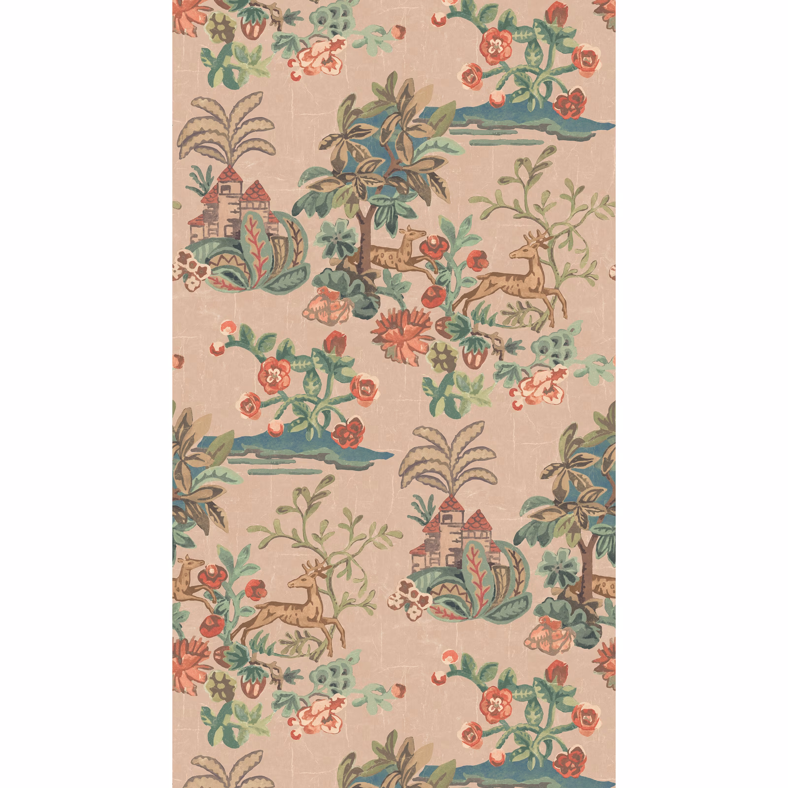 Dusty pink illustrated wallpaper with deer, flowers, foliage and village scenes