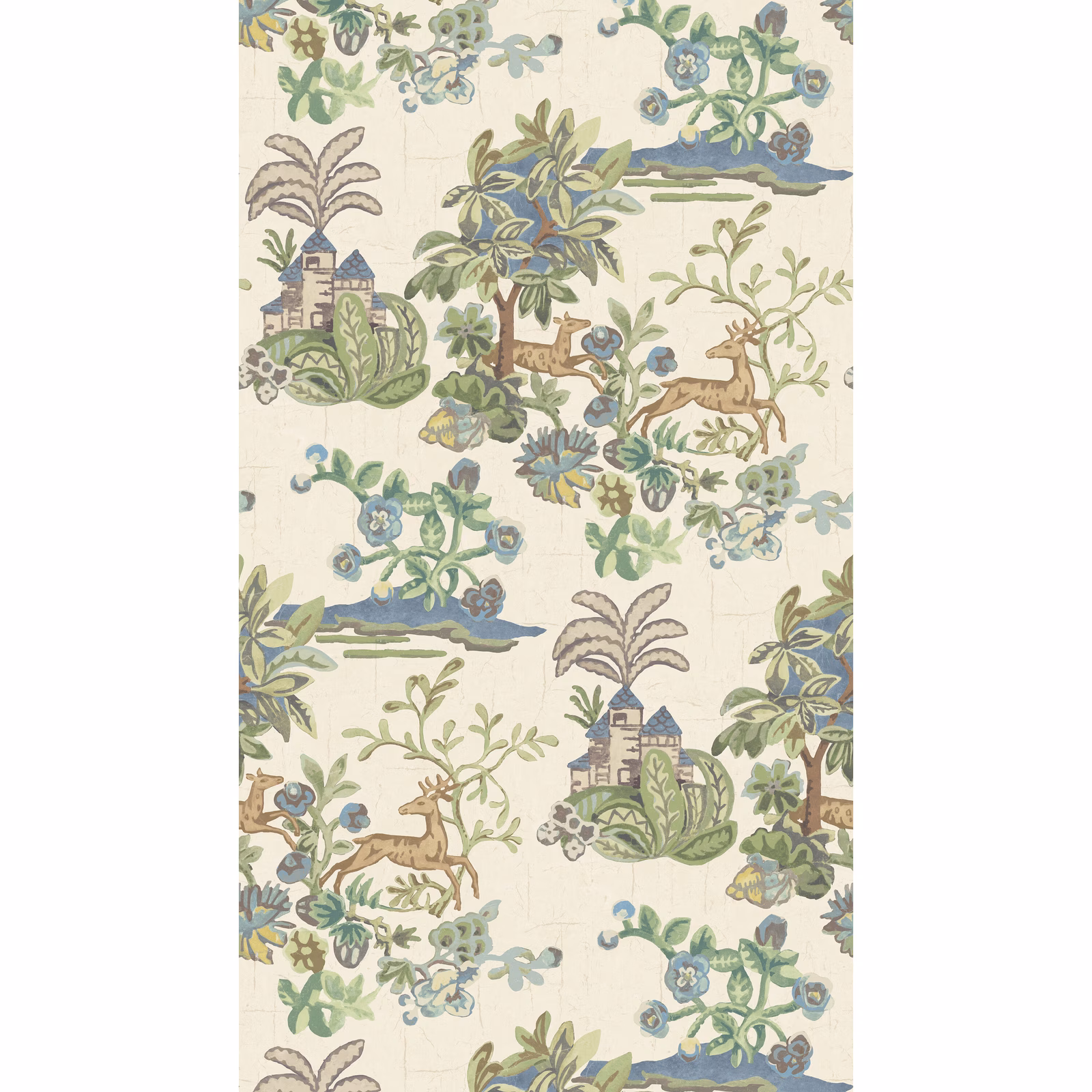 Sage and blue pastoral wallpaper with deer, castles, flowers and leafy vines on cream