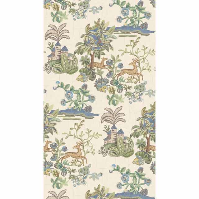 Sage and blue pastoral wallpaper with deer, castles, flowers and leafy vines on cream